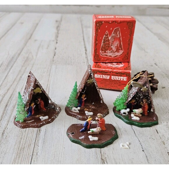 Shiny Brite Christmas Decorations Vintage Mini Nativity Ornaments W 2 Orig Boxes - Picture 1 of 6